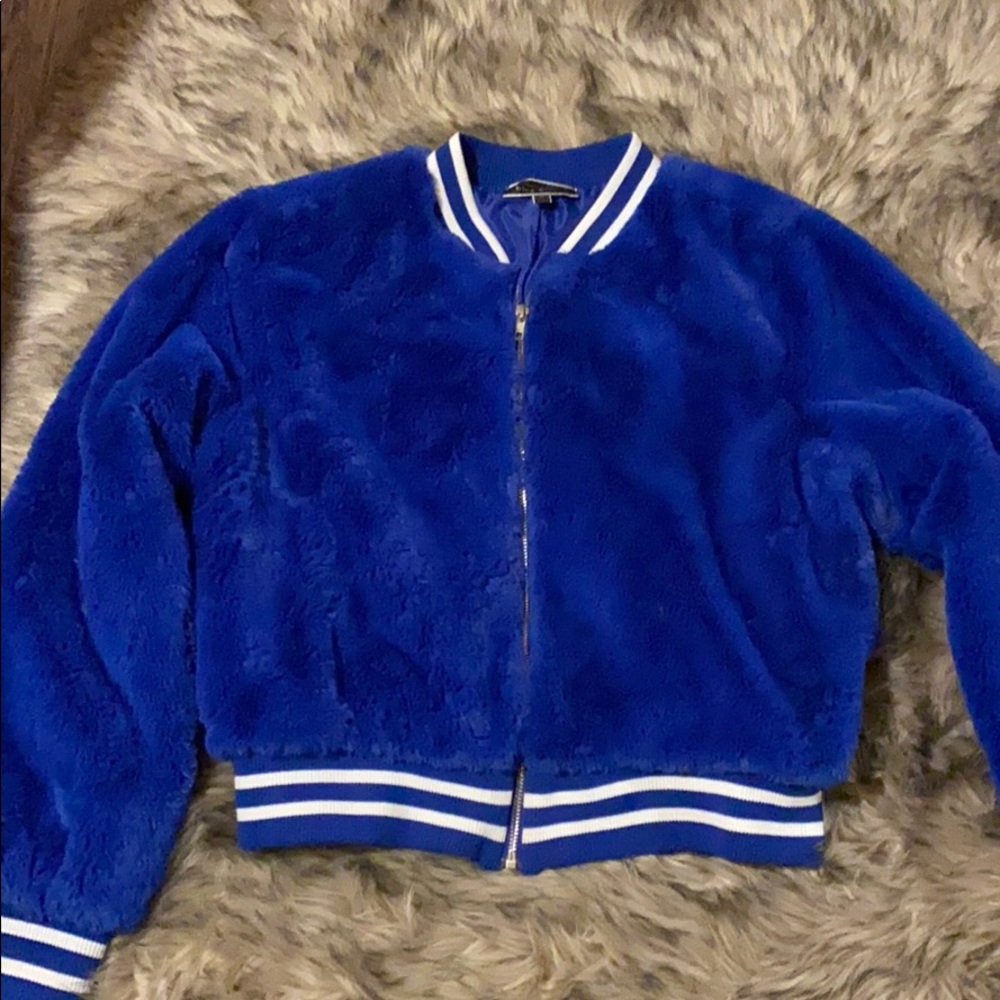 Royal Blue, fuzzy, sporty zip up. SM DollsKill
